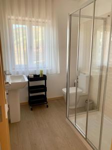 a bathroom with a sink and a toilet and a mirror at Terraços do Távora in Tabuaço +23 photos
