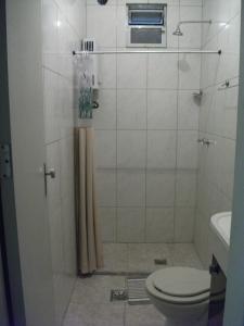 uma casa de banho com um chuveiro, um WC e um lavatório. em Apartamento Barata Ribeiro no Rio de Janeiro