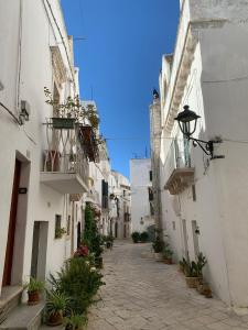 an alley with white buildings and potted plants at La Casa nel Vico in Locorotondo
