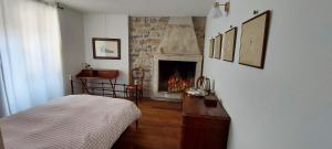 ein Schlafzimmer mit einem Kamin und einem Bett in einem Zimmer in der Unterkunft La Piazzetta di Canale B&B in Tenno