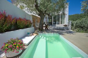 a swimming pool in a yard with flowers and plants at Eleon Suites new in Alonnisos