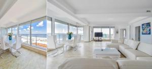 Una sala de estar con muebles blancos y vista al mar. en Sea View Penthouse Mamaia, en Mamaia