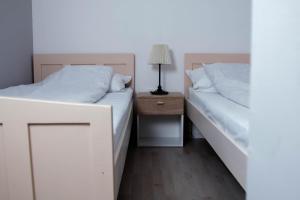 two beds in a bedroom with a night stand and a lamp at Apartments Marta in Žabljak