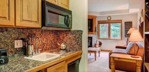 two pictures of a kitchen with a sink and a living room at Tyra Riverbend 111 condo in Breckenridge