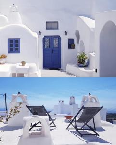 two pictures of a blue door in a white house at Olyra Traditional Cave Houses in Pirgos