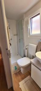 Baño blanco con aseo y lavamanos en Lorita Mobile Home, en Biograd na Moru