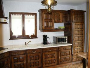 a kitchen with wooden cabinets and a sink and a microwave at Gîte Belleville-sur-Meuse, 4 pièces, 4 personnes - FR-1-585-42 in Belleville-sur-Meuse