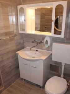 La salle de bains est pourvue d'un lavabo, de toilettes et d'un miroir. dans l'établissement Apartment in Kali with sea view, balcony, air conditioning, Wi-Fi (4566-4), à Kali
