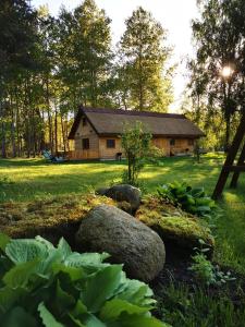 een blokhut op de achtergrond met rotsen en planten bij Pape holiday home in Pape