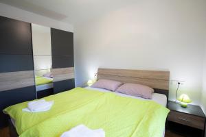 克拉尼斯卡戈拉Apartment Bistra Kranjska Gora的一间卧室配有绿床和2个粉红色枕头