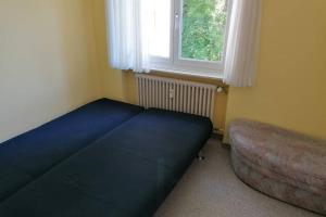 een slaapkamer met een blauw bed en een raam bij Wohnung mit See Sicht in Carona in Carona