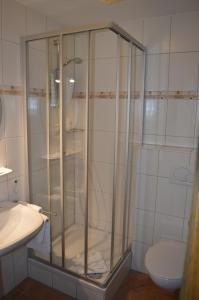 a shower in a bathroom with a toilet and a sink at Landhaus Eickler in Baiersbronn