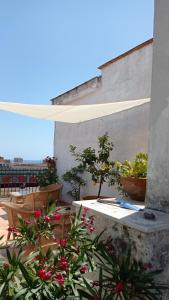 d'une terrasse avec des plantes en pot et un parasol blanc. dans l'établissement Janare - Rooms & Terrace, à Naples