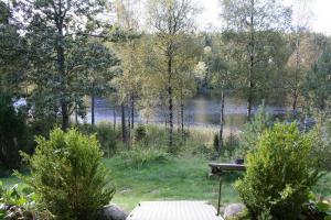 a picnic table in the grass next to a lake at Björsjödal Lake House's in Gothenburg