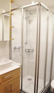 een badkamer met een douche en een wastafel bij Haus Schönblick in Brand