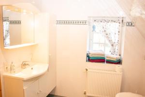 a bathroom with a sink and a toilet and a window at Reet und Meer Beckerwitz in Hohenkirchen +117 photos