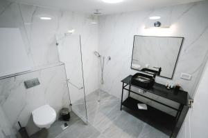 ein Bad mit einer Dusche, einem Waschbecken und einem Spiegel in der Unterkunft Unique Hotel Ashdod in Aschdod