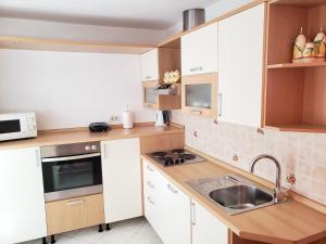 a small kitchen with white cabinets and a sink at Risika Apartmani in Risika
