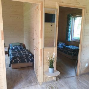 a room with two beds and a tv in it at MARWIKOWE Domki Wypoczynkowe in Sieraków