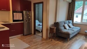 a living room with a couch and a kitchen at Apartment Central Park in Gabrovo