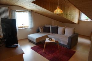 uma sala de estar com uma cama, um sofá e uma televisão em Ferienwohnung Weindl Lucia em Kollnburg