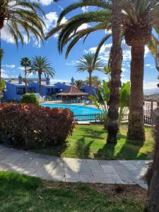 un complejo con piscina y palmeras en Charming Bellagio SUN CLUB, en San Bartolomé