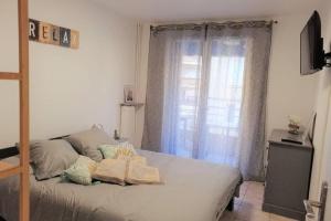 ein Schlafzimmer mit einem Bett mit Kissen und einem Fenster in der Unterkunft Confortable 3 pièces très bien placé centre ville in Antibes