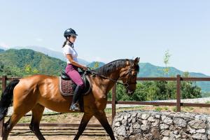 a woman is riding a brown horse at Oi-Qaragai Mountain Resort in Besqaynar