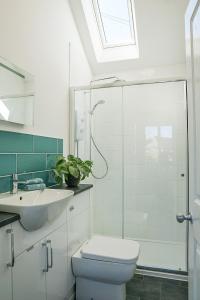uma casa de banho com um chuveiro, um WC e um lavatório. em The Annex, Tregoddick Barn em Penzance