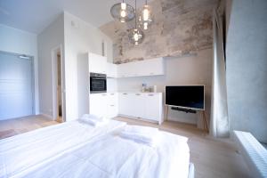 1 dormitorio blanco con 1 cama grande y TV en Baltic Accommodation - Urban Studio Apartment, en Tallin
