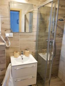 a bathroom with a sink and a shower at BŁĘKIT Apartamenty przy Jastrzebiej in Mieroszyno