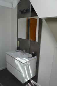 een badkamer met een wastafel en een spiegel bij Le Moulin de Chatillon in Saint-Léger