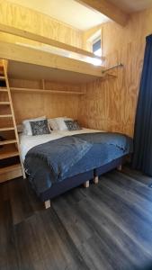 Łóżko w pokoju z łóżkiem piętrowym w obiekcie Duurzaam Tinyhouse aan het water in Friesland w mieście Westergeest