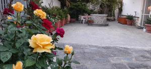 una passerella con fiori gialli e rossi in un cortile di Al Chiaro di Luna ad Agerola