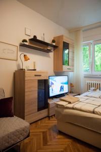 a bedroom with a flat screen tv and a bed at Studio Apartment Vijenac in Osijek