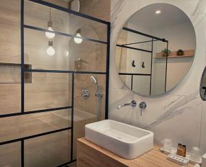 ein Bad mit einem Waschbecken und einer Dusche mit einem Spiegel in der Unterkunft Les Granges d'Haillancourt in Ivry-le-Temple