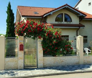 a house with a gate with red flowers on it at Vila Granada in Eforie Nord