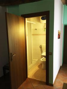 een badkamer met een toilet en een deur open bij In Castello in Gallicano