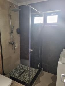 a shower with a glass door in a bathroom at Vila El Passo in Târgu-Mureş