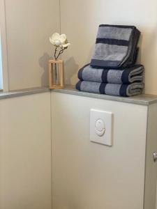 una pila de toallas sentadas encima de un armario en Möwenhaus en Emden