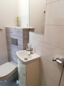 a bathroom with a sink and a toilet at Głębia in Dąbrówno