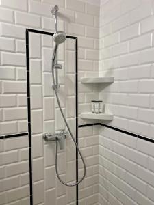 La salle de bains est pourvue d'une douche avec un pommeau de douche. dans l'établissement Art Apartment Szeged, à Szeged