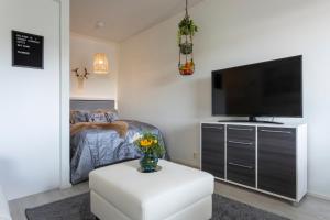 een woonkamer met een televisie en een bed bij Tuomas´ luxurious suites, Rakka in Rovaniemi