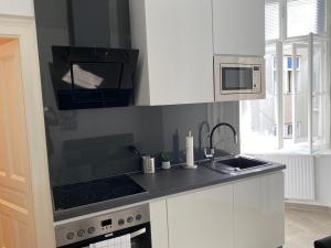 kuchnia z kuchenką i kuchenką mikrofalową w obiekcie MQ Appartement w Wiedniu