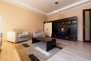 a living room with a couch and a tv at DB Apt - Comfort and Space in the heart of Old Town in Braşov