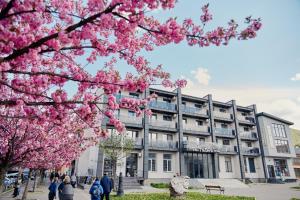 a building with pinkakura trees in front of it at готель Тячів in Tyachiv