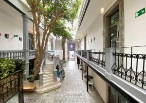 a hallway of a building with a tree and stairs at Hotel MX condesa in Mexico City