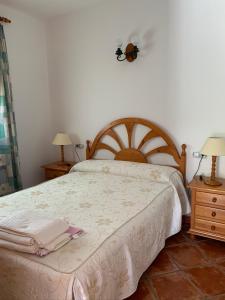 een slaapkamer met een bed en twee nachtkastjes en twee lampen bij Apartamentos Carolina in San José
