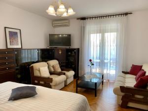 a bedroom with a bed and a couch and a tv at Apartments Villa Mattossi in Rovinj