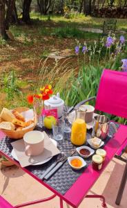 a picnic table with breakfast foods and orange juice at La Margottière chez isa et titi in Rians